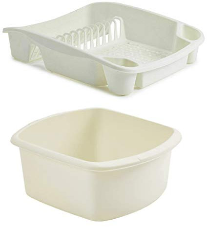 Plastic Large Washing up Bowl and Dish Drainer Rack Kitchen Plate Holder Set of 2 (Cream)