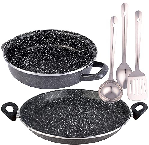 Magefesa K2 GranSASSO Set: Paella-Pfanne, Ø 34 cm, aus emailliertem Stahl, emailliert, Grau, Induktion und Spülmaschine, Set mit 3 Küchenutensilien aus Edelstahl