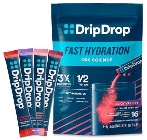 DripDrop Hydration Packets - Juicy Variety Pack - Single Serve Electrolytes Powder Drink Mix - Grape, Fruit Punch, Strawberry Lemonade, Cherry - Non-GMO, Gluten Free, Vegan - 16 Sticks
