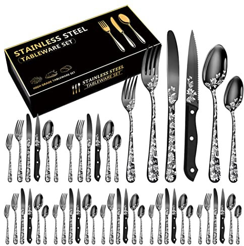 XIAOYU Ensemble d'argenterie 48 pièces, service pour 8, ensemble de couverts en acier inoxydable avec couteaux à steak, motif unique, ensembles couteaux/fourchettes/cuillères, noir