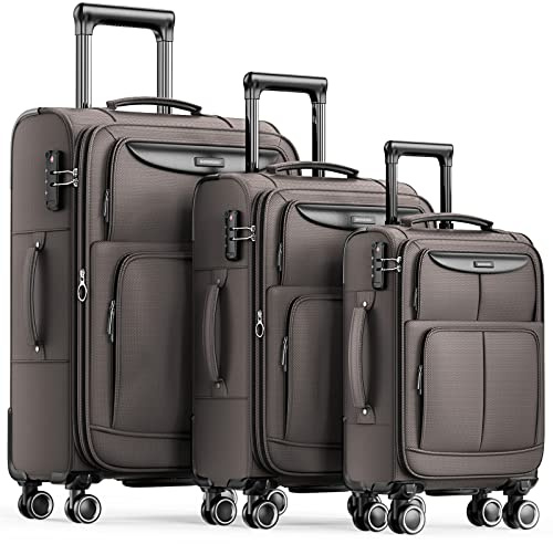 SHOWKOO Luggage Sets 3 Piece Softside Expandable Lightweight Durable Suitcase Sets Double Spinner Wheels TSA Lock Light Coffee (20in/24in/28in)