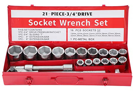 KATSU 3/4 Steckschlüsselsatz 21 Stück, 19-50mm Metrischer 6-Kant-Sechskantantrieb mit 24-Zähne-Ratschenschlüssel im Stahlgehäuse, Mechaniker-Werkzeugsatz Autoreparatur (Budget)