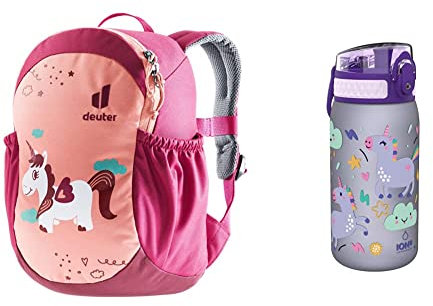 deuter Pico Kinderrucksack (5 L) & Ion8 Einhorn-Flasche für Kinder, leckagefrei, BPA-frei, Violett, 350 ml