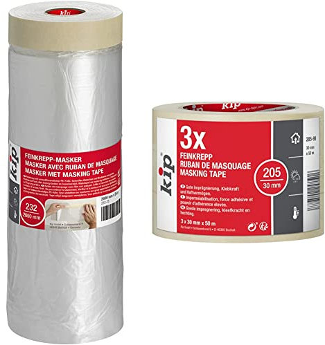 Kip Tape 232-25 Feinkrepp-Masker – 2600mm x 25m & Tape 205-98 Feinkrepp – Professionelles Malerkrepp – Imprägniertes Abdeckband zum Streichen & Lackieren – 3 Rollen je 30mm x 50m,
