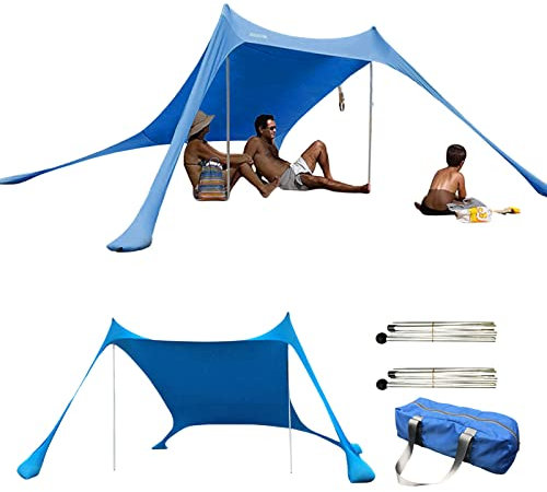 Sonnensegel Strand | Wasserdichter Sonnenschutz Strandzelt | Strand Sonnenschutz Zelt aus Lycra-Stoff UV-beständigem | Einteiliges Strand Sonnenschirm Set für Sommer Strandzubehör (für 1-3 Personen)