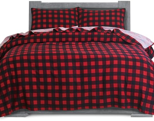 Elegant Comfort Soft 4-Piece 100% Turkish Cotton Flannel Sheet Set - Premium Quality, Deep Pocket Fitted Sheet, Ultra Soft, Cozy Warm Flannel Sheets - Cali King, Buffalo Check Burgundy