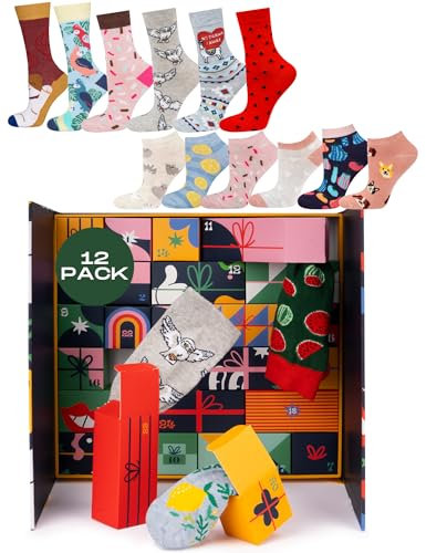 soxo Calendrier de l'Avent Chaussettes Femme Homme Sac Coffret Cadeaux Dans Une Boîte Cadeau 35-40 Multicolore Femmes 12 Paires