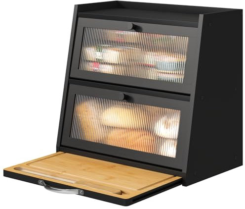 viewcare Bread Box for Kitchen Counter, Black Bread Box With Cutting Board, Bamboo Wood Large Capacity Bread Storage Bin with Acrylic Wavy Door Panel