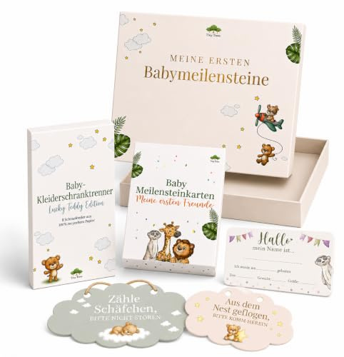 Tiny Trees™ Baby Erinnerungsbox „Mein erstes Jahr“ – 4-teiliges Geschenkset mit Meilensteinkarten, Schranktrennern, Namensschild & Türhängeschild | Geschenk zur Geburt, Babyparty & Taufe