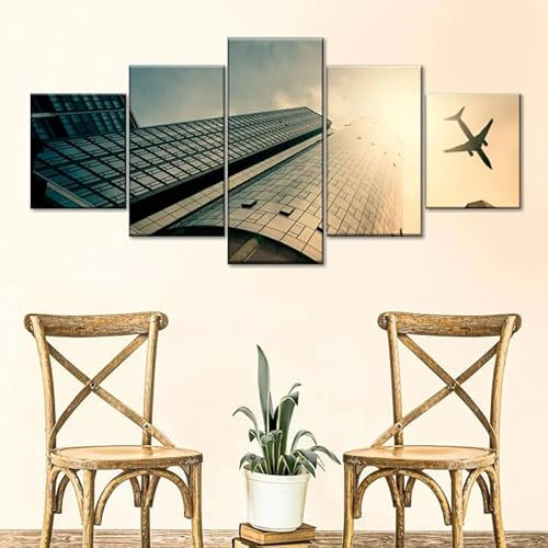 WKXTECZT Leinwand Bilder 5 Teilig Flugzeug über der Stadt Wandbilder Wohnzimmer Modern Bilder, Poster, Kunstdrucke Büro Flur Bad Küchebilder -Ungerahmt