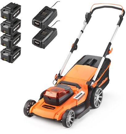 LawnMaster 48V 46cm Cordless Lawnmower with Spare Set of MX 24V 4.0Ah Batteries and 2 Fast Chargers. With Rear Roller, Grass Side Eject and Mulching Function, 2 Year Guarantee. For Larger Lawns.