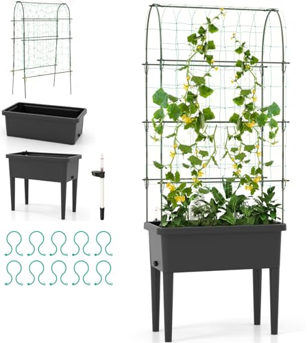 GiantexUK Raised Garden Bed with Detachable Trellis, Wooden Garden Planter Pox with Removable Legs, Self Watering & Drainage System, Outdoor Elevated Flower Vegetables Herbs Climbing Plants Grow Box