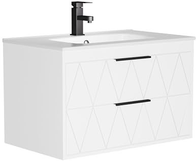 UEV Waschtisch mit Unterschrank, Waschbeckenunterschrank 75cm hängend, mit 2 Schubladen, Soft-Close-System, Waschplatz, Aufsatzwaschbecken, Badmöbel für Gäste WC, Weiß