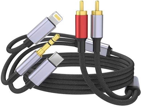 WORLDBOYU USB-C 3,5mm auf RCA Kabel, 3-in-1 Lightning auf RCA Audio Adapter, HiFi Stereo AUX Kabel Kompatibel mit iPhone, iPad, MP3, Tablet, Lautsprecher, Fernseher, Verstärker, 6 m