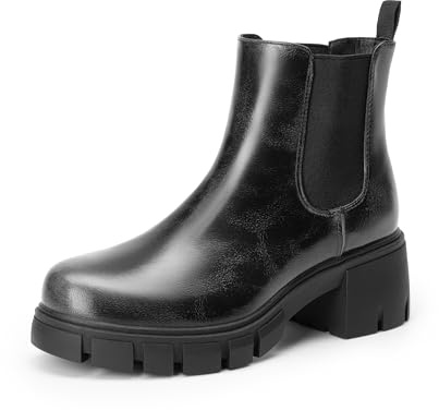 DREAM PAIRS Botines Chelsea elásticos para mujer, con plataforma, tacón bajo y grueso, suela de lengüeta, sin cordones, para otoño, Negro/Plata, 37 EU