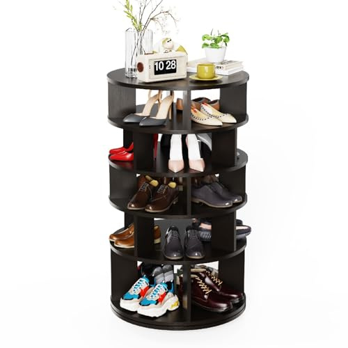 Redlifeᅟᅠ Redlife 5-stöckiger drehbarer Schuhregalturm, 360° drehbarer Schuhaufbewahrungsorganisator, Holzschuhregal-Schuhkarussell für Flur, Schlafzimmer und Eingang, Shoe Rack (Schwarz)