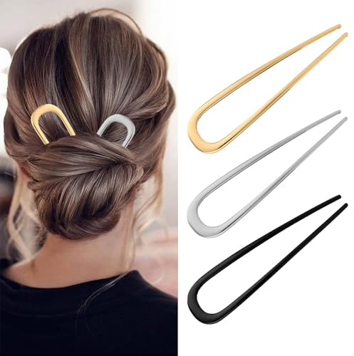 iCovalescent 3 Pièces French Hair Pin pour Cheveux Épais, Epingle Cheveux Femme, U Fourchette à Cheveux Chignon pour Femmes Filles Accessoires de Coiffure(Or, Noir et Argent)