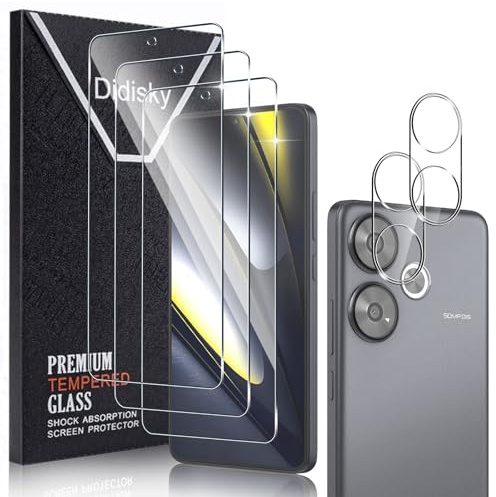 Didisky Paquete de 3+2 protectores de pantalla para Xiaomi Poco F3 5G / Redmi Turbo 3 5G de 6.6 pulgadas, paquete de 3 protectores de pantalla de vidrio templado con 2 protectores de lente de cámara