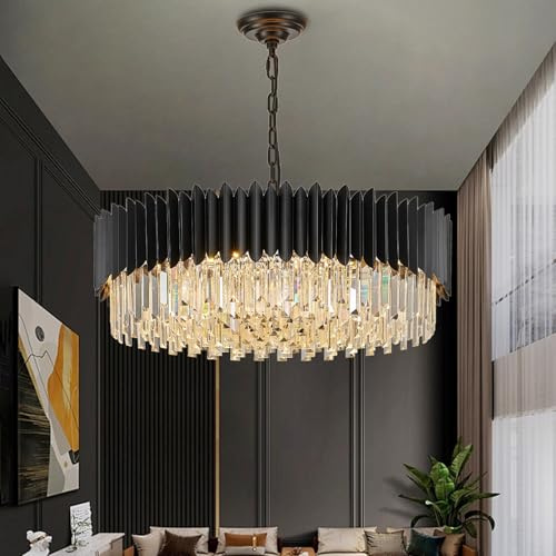 YOLIZUOT Black Crystal Chandelier 30'' K9 Crystal Round Pendant Lights Adjustable 6-Tier Large Modern Crystal Chandelier Light 12-Lights for Dining Room Living Room Kitchen Foyer Entryway