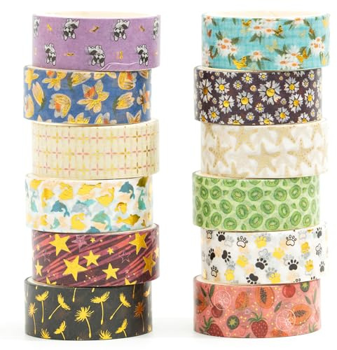 Songdao Washi Tape,12 Rollen Washi Klebeband Set Dekoratives Washi-Tape Niedliche Goldfolie Dekorative Masking Tape für DIY Art & Crafts (Mystischer Wald)