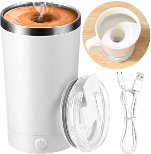 hatisan Self Stirring Coffee Mug With Lid Electric High Speed Self Stirring Mug 400ml Rechargeable Detachable Stainless Steel Self Stirring Cup for Coffee, Milk, Cocoa Christmas Gift(White)
