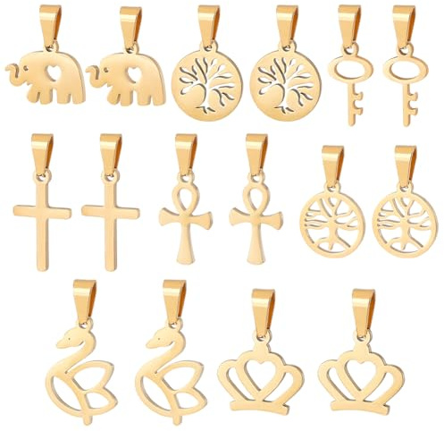 PH PandaHall 16pz Ciondoli in 304 Acciaio Inossidabile Oro 8 Stili Ciondoli Cigno Corona Croce Albero Della Vita Modello Chiave Ciondoli Lisci con Foro per Collane Fai Da Te Creazione di Gioielli