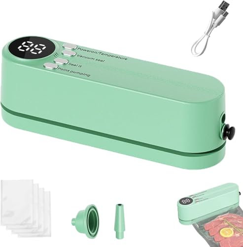 Wireless Vacuum Sealer for Food, Portable Cordless Food Sealer Machine with 5 Vacuum Bags & Digital Display, Rechargeable for Dry/Wet Foods, Bags, Containers (Green)