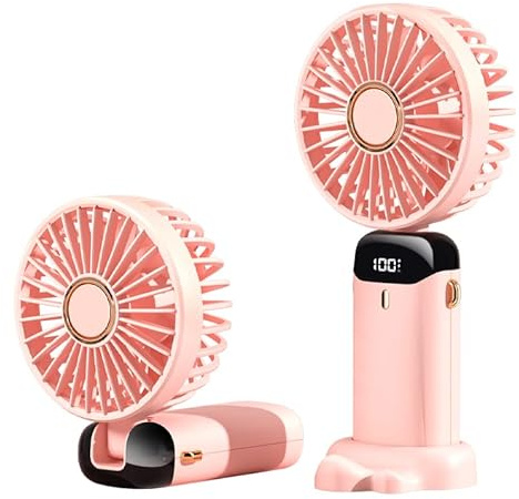 Rainberg Rechargeable Hand held Fan with LED Display, 5-Speed Settings, 5000mAh Battery, 90-Degree Adjustable, Desk Fan, Hand Fan, Portable fan, Quiet Cooling, Compact Design, USB Charging (Pink)