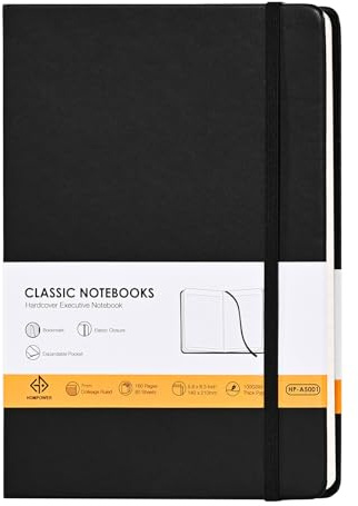 Hompower Lined Notebook Journals A5 Size 14 x 21cm, 160 Lined Pages with Expandable Pocket, 100GSM Paper, Hardcover Notepad(Black - 1 Pack)