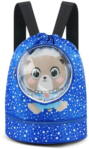 Alaoo Bolsa de Natación Niño, Deporte con Cordón, Bolsa Piscina Separación en Seco-Húmedo con Compartimento para Zapatos, Adecuado para niños y niñas, Playa, Acampar (Oso Azul)