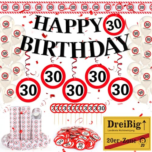 WenmthG 30 Geburtstag Deko Männer Frauen, Verkehrsschild zum 30 Jahre | 30. Geburtstag Deko mit Girlande, Luftballons, Absperrband, Luftschlangen, Banner, Konfetti, Tortendeko, 30. Geburtstagsdeko