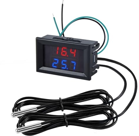 FBBULES Dual Display LED Digitales Thermometer mit 2 Wasserdichten Metallsonden, DC 4-28V Temperatursensor für Aquarium Fischbecken Kühlschrank, mit 2M Sensorleitung, Rot&Blau