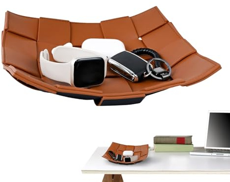Bandeja Portallaves,Bandeja Organizadora En Piel Sintética para Mesas de | Cesta Decorativa Tejida Multiusos para Sala, Mandos a Distancia, Joyería y Cosmética