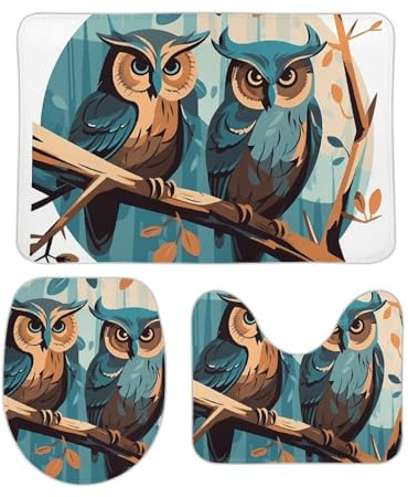 Bathroom Mat Sets 3 Piece Cute Owl On The Branch U Shape Wc Toilet Rug Decorations Warmer Pedestal Rug, For Floor Tub, Bedroom, Outdoor