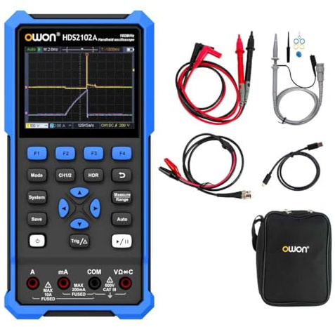 OWON HDS2102A Kfz Diagnose Oszilloskop mit hochauflösendem 3,5 Zoll Display, 100MHz Bandbreite, 2 Kanälen, 500 MSa/s, 3 in 1 Multimeter und Kfz Fehlerdiagnosegerät mit Typ C-Anschluss (Standard)