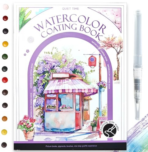 Glvomazty Quaderno di Lavoro per Acquerelli, Set di Pittura ad Acquerello per Principianti, libro da colorare con acqua con pennelli e 12 colori, Impara ad Acquerellarli