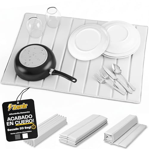 Zenir Alfombra Diatomita Cocina de 60x40cm con Cubierta de Cuero Sintético | Alfombrilla Escurreplatos Diatomita Plegable de Secado Rápido | Alfombra Piedra Diatomita Cocina para Escurrir Platos