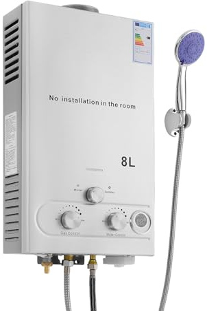 Gasvarmvattenberedare LPG 8L 16 KW bärbar tankless varmvattenberedare med duschhuvud för utomhus camping dusch och husbilar, 0,15 bar startvattentryck