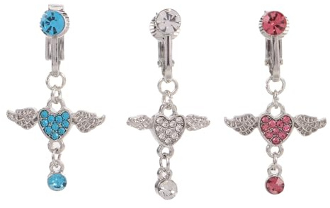 Healeved Lot de 3 faux piercings pour nombril, bijoux sans piercing pour femmes : anneau de nombril aile d'ange, pendentif cœur, barrette, clou de, clip d'oreille pour fête de Noël