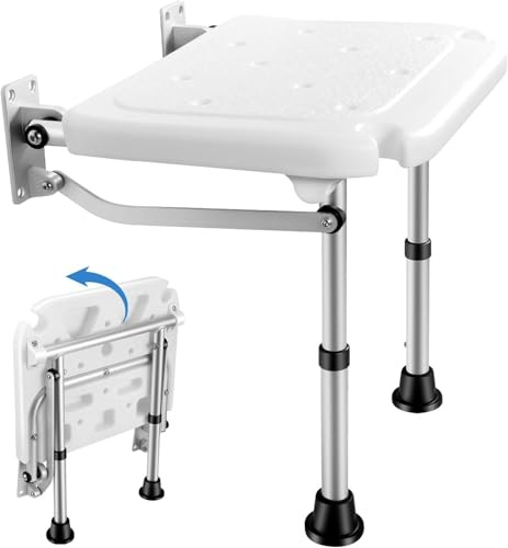 Wall-mounted Folding Shower seat,Folding Flip-up Bath Seat,42~53 mm Height Adjustable,Screw-in Bathroom Stool with Anti-slip Feet,Drain Hole,Shower Head Slot,Elderly and Disabled