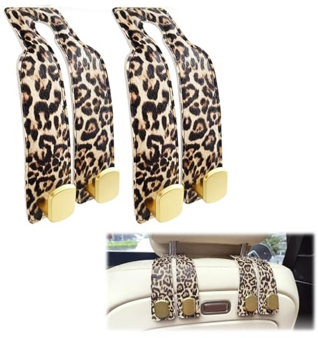 VelvetGlow 2 Pcs Auto Kopfstützen Haken für Taschen, Universal Rücksitz Halterung Organizer mit Leopardenmuster, KFZ Zubehör für Handtaschen Einkaufstüten Kleidung