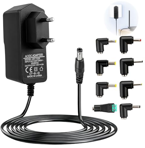 Adaptador 12V 2A Universal, Fuente de Alimentación Transformador 220V a 12V 24W con 8 Enchufes DC Fuente Alimentación 24W para Tiras LED Cámara CCTV Router WLAN Ventilador Caso Caja de TV
