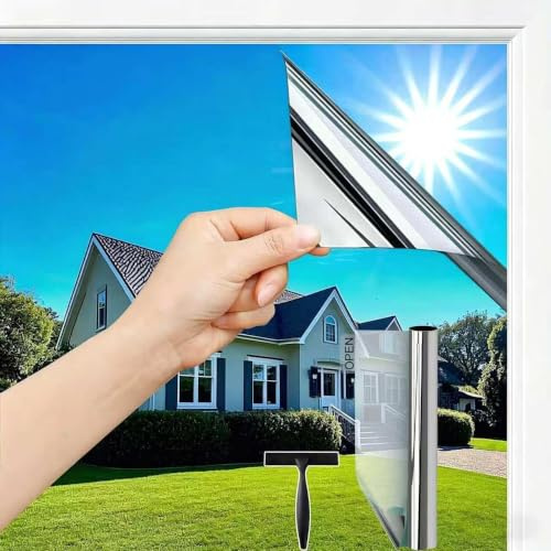 Silver 100x200cm wonderffolie One Way Clear Window Film Privacy Heat Reflective Mirror Window Film for Glass Windows UV Window Tint Film Daytime Anti Glare with Adhesive Thermal Solar Vinyl