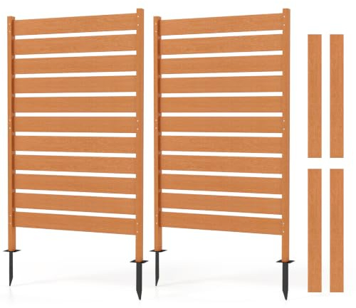 COSTWAY 2er Gartenzaun wetterfest, 93 x 154,5 cm, Sichtschutzzaun Holzoptik | Zaun mit Spießen aus HIPS & Metall, Paravent Raumteiler Outdoor, freistehender Sichtschutz für Garten Terrasse, Braun