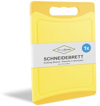 MaxxGoods Planche à découper en plastique avec rainure et poignée - antidérapante, antibactérienne, utilisable des deux côtés, lavable au lave-vaisselle - jaune - (20 x 15 x 0,8 cm)