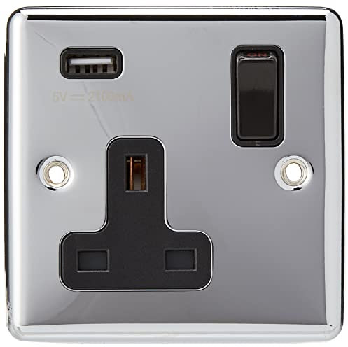 AET USBCPC1GSOCBL Polished Chrome Classical 1 Gang w Charging Port Black Insert Plastic Rocker-13 Amp Single Plug Socket & USB Power Outlet