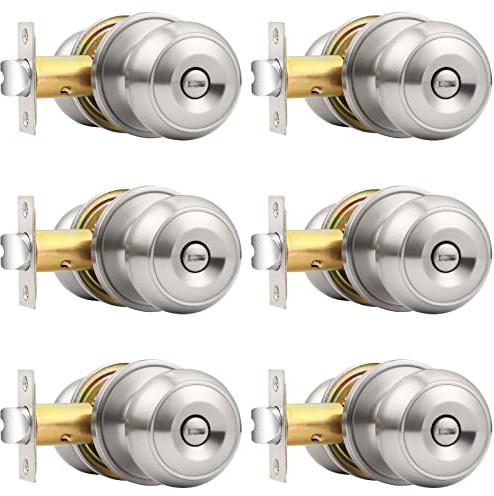 Probrico Privacy Interior Door Knobs Bed and Bath Handles Keyless Sain Nickel Locksets, 6 Pack
