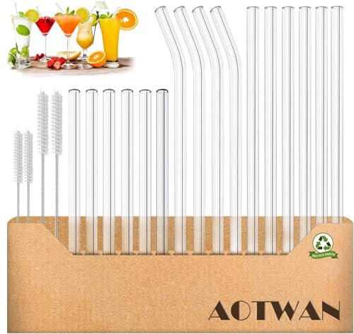 Glass Straws 20 Pack,Size 8.5''x10MM and 6''x10MM,Glass Straws Drinking,Eco Friendly Including 12 Straight and 4 Bent with 4 Brushes,Reusable Straw for Cocktail,Juice