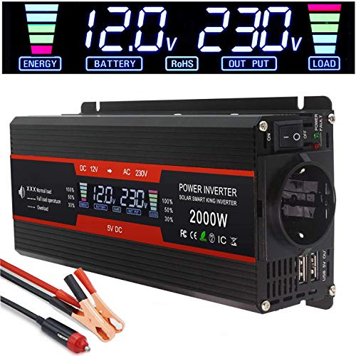 CHHMAELOVE 2000W/26000W/3000W Convertisseur Pur Sinus, Ecran LED Onduleur De Commutation,Transformateur 12 V vers 220 V pour pour Voiture, Caravane, Bateau, Camping, Voyage,2000W