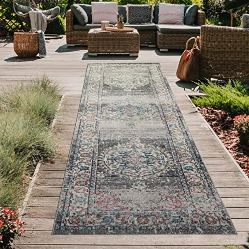 Teppich-Traum Matta orientalisk matta utomhus vardagsrumsmatta vintage i grå blå storlek 80 x 300 cm